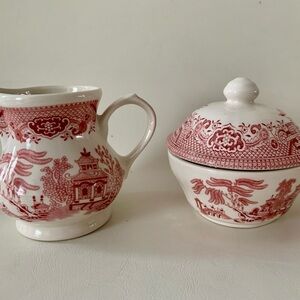Vintage Churchill Rosa Set Of Creamer & Sugar Bowl With Lid England Romania